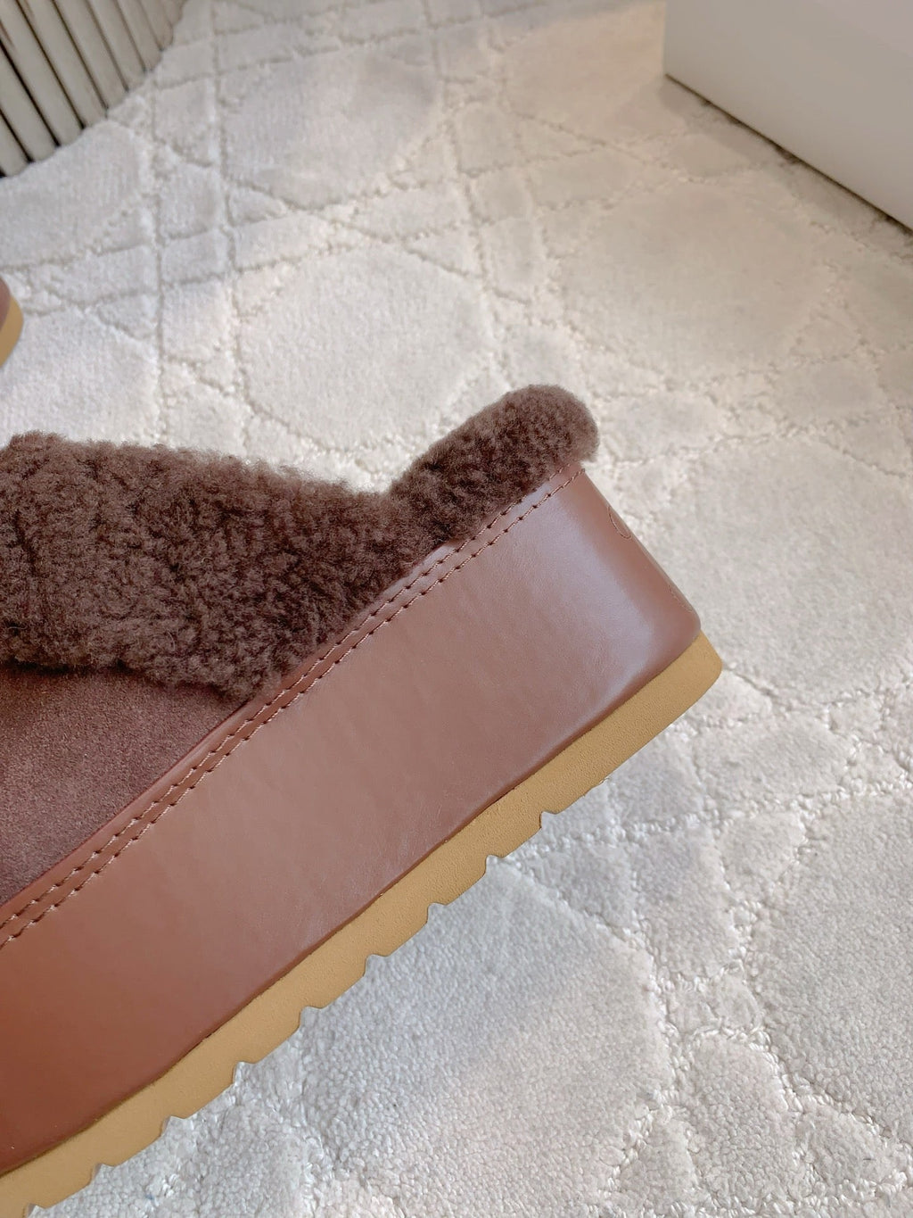 CELINE 25S DANA WEDGE MULE 70MM IN DARK BROWN SUEDE CALFSKIN AND SHEARLING