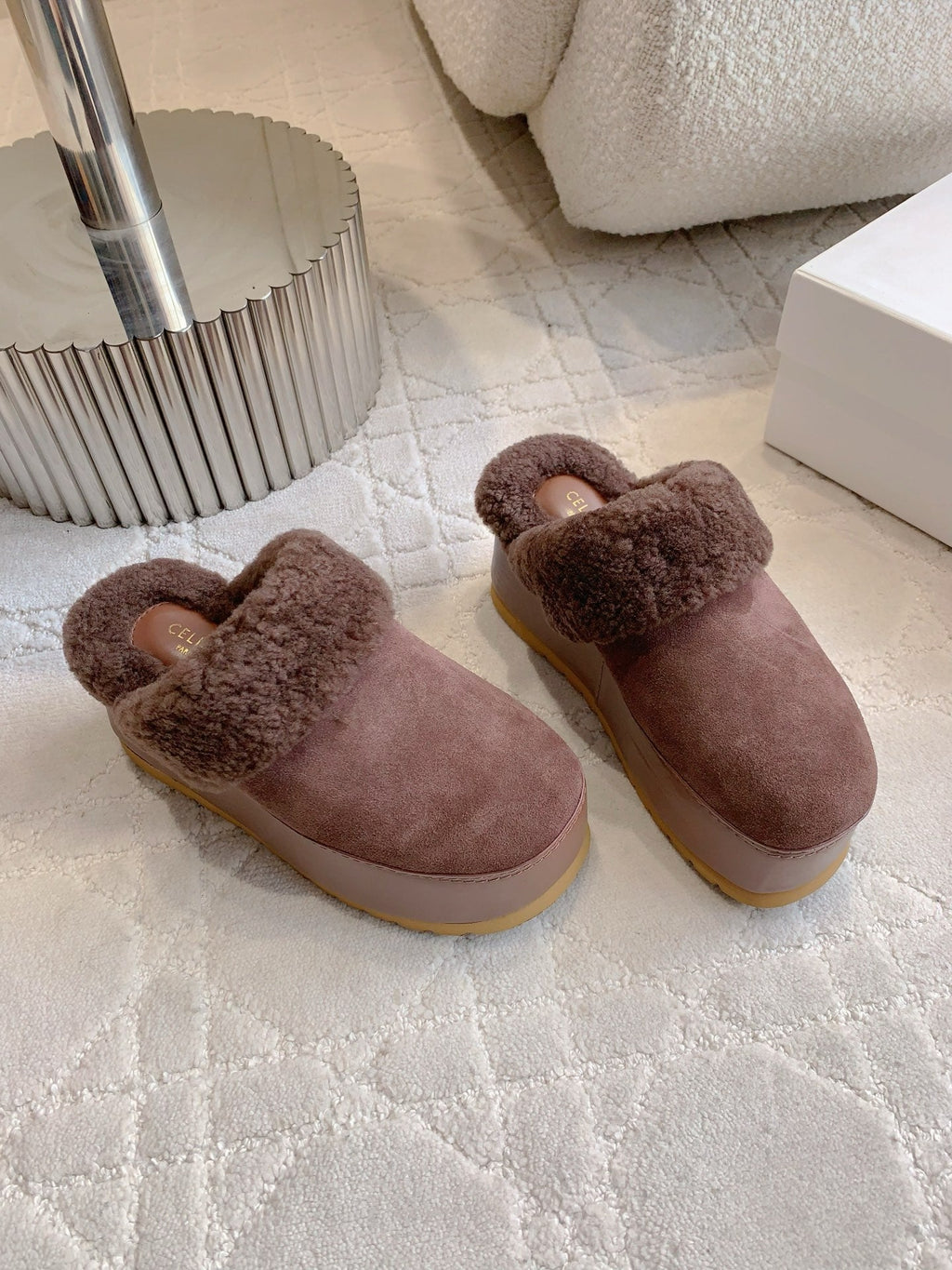 CELINE 25S DANA WEDGE MULE 70MM IN DARK BROWN SUEDE CALFSKIN AND SHEARLING