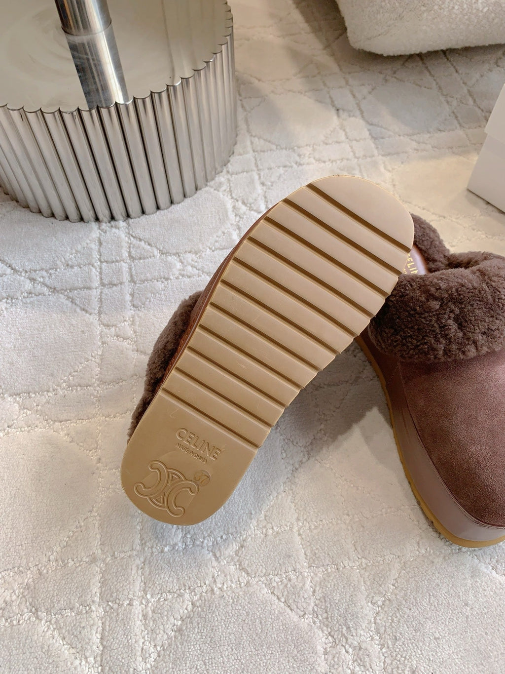 CELINE 25S DANA WEDGE MULE 70MM IN DARK BROWN SUEDE CALFSKIN AND SHEARLING