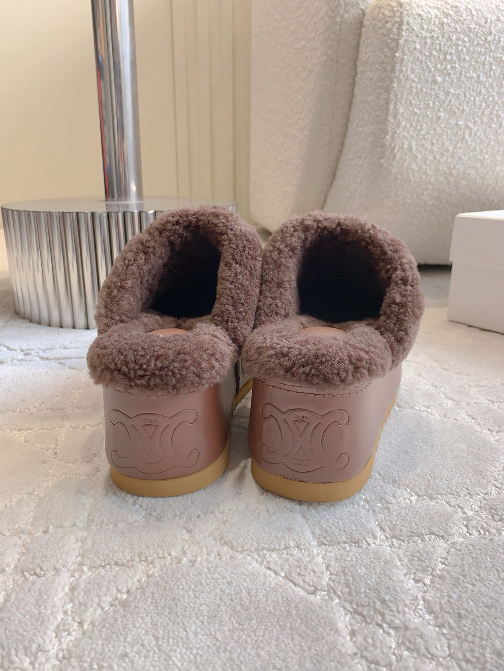 CELINE 25S DANA WEDGE MULE 70MM IN DARK BROWN SUEDE CALFSKIN AND SHEARLING