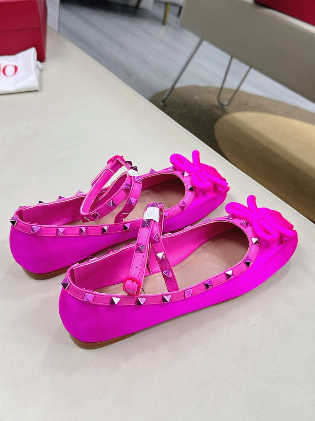 VALEN GARAVANI ROCKSTUD BALLERINAS IN HOT PINK SATIN