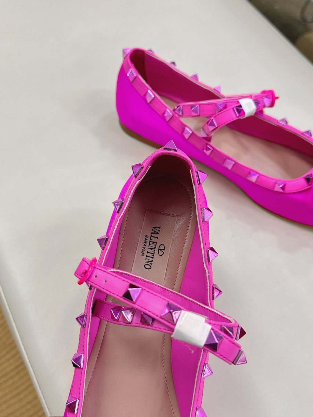 VALEN GARAVANI ROCKSTUD BALLERINAS IN HOT PINK SATIN