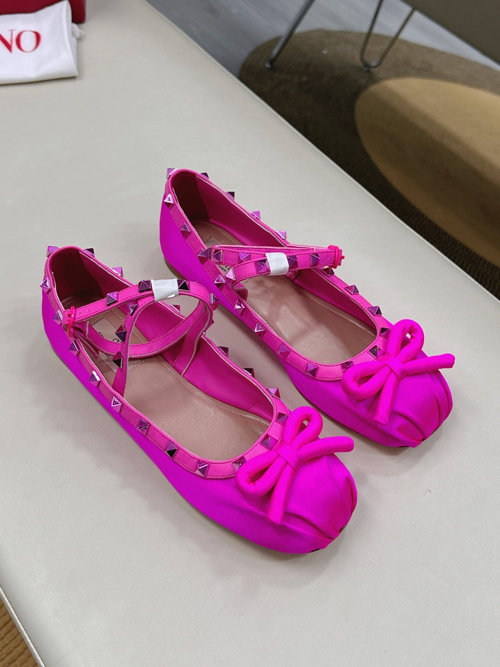 VALEN GARAVANI ROCKSTUD BALLERINAS IN HOT PINK SATIN