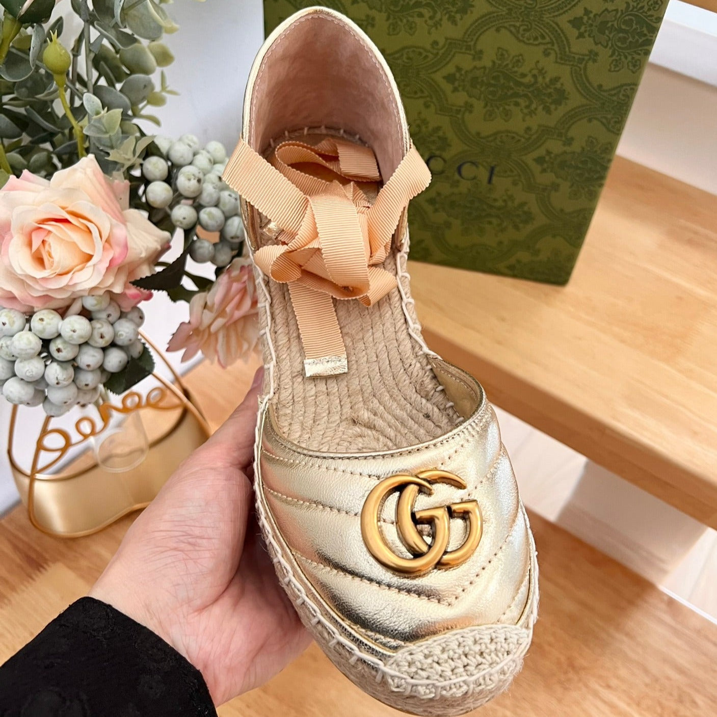 GG  Crochet platform Espadrilles Rose Tan Leather