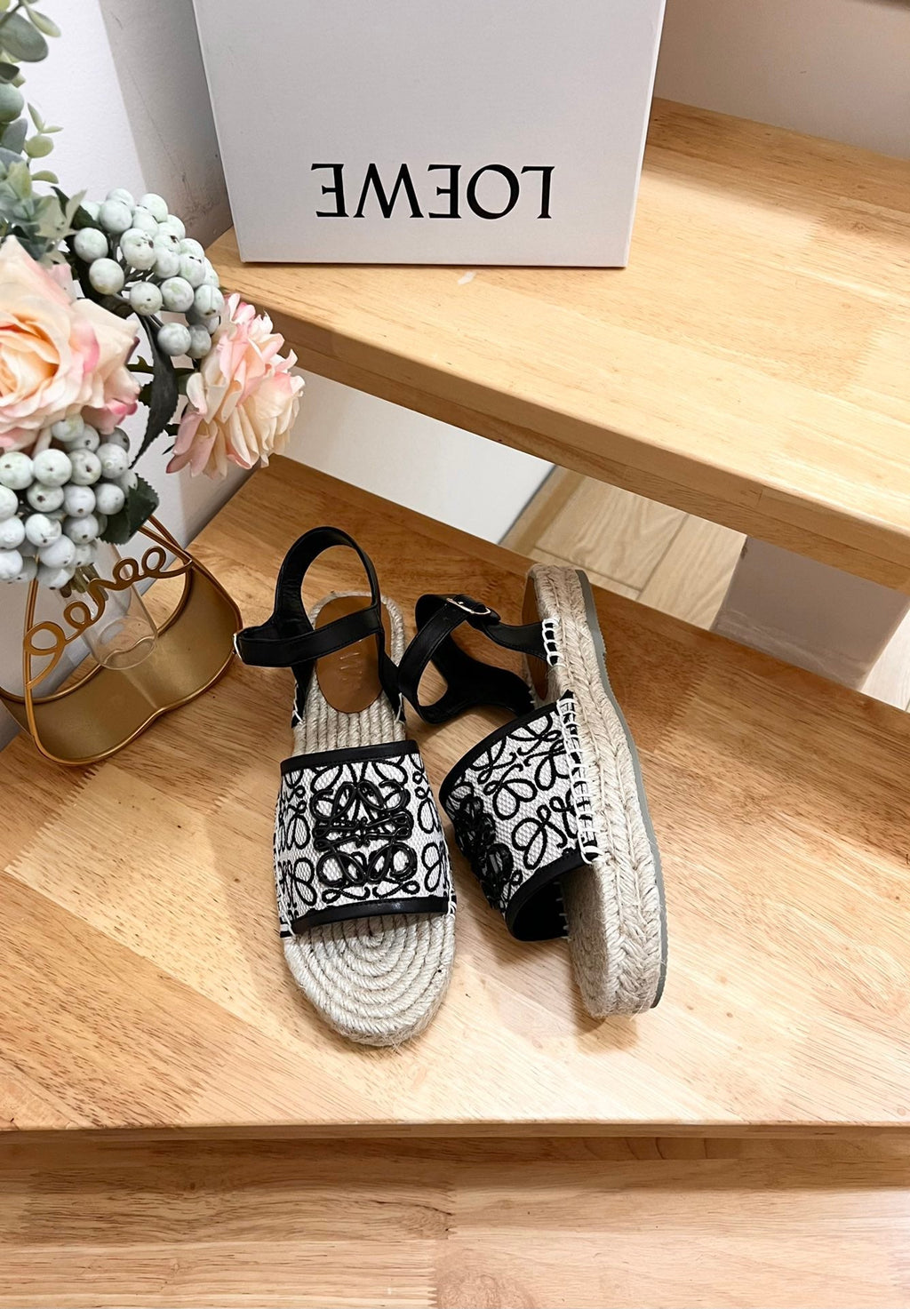 Loew Anagram Black logo White Black Beige Leather And Canvas Espadrille Sandals