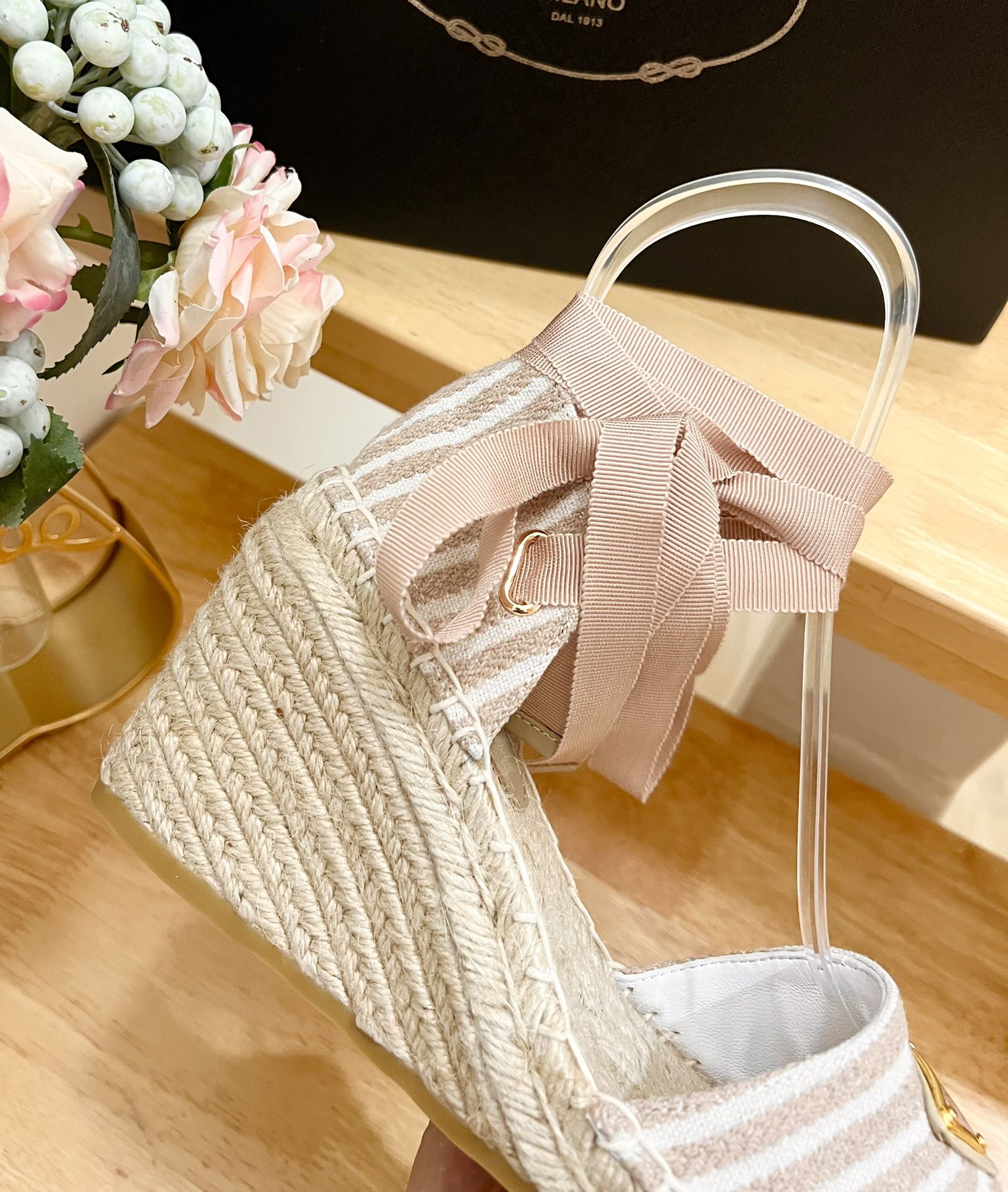 PRA STRIPE ESPADRILLE WEDGE SANDAL PASTEL PINK FABRIC