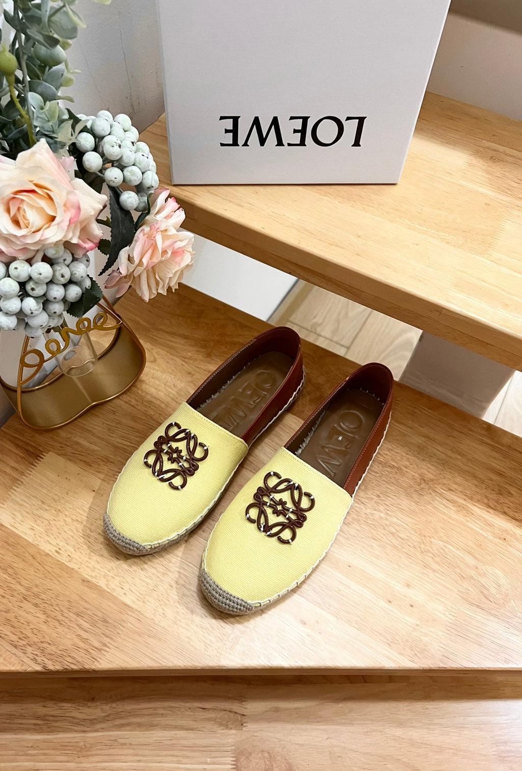 Loew Anagram Espadrille Yellow Brown Leather and Canvas