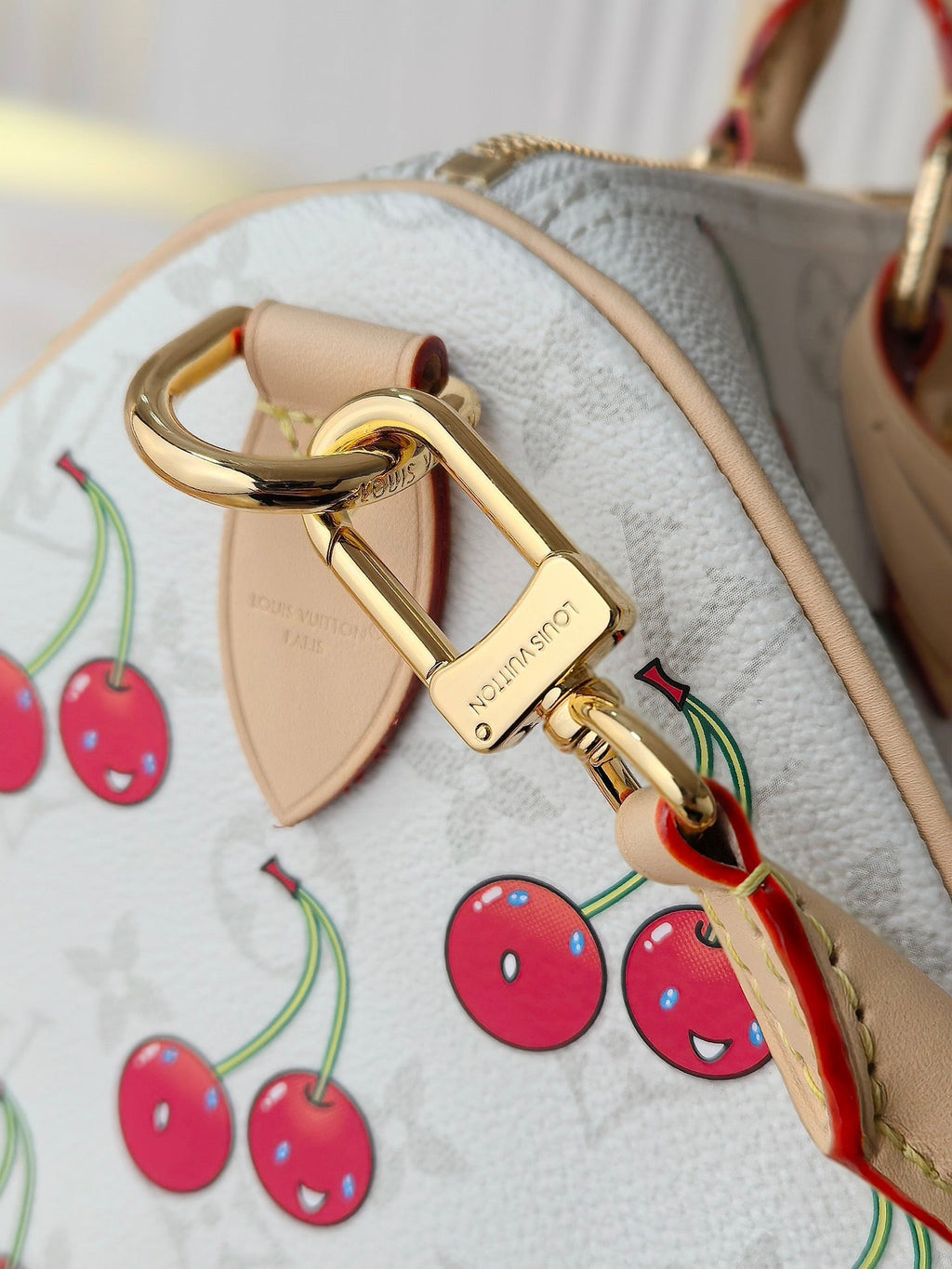 LV 25S SPEEDY SOFT 30 IN WHITE CANVAS MONOGRAM CHERRY PRINT GOLD HARDWARE