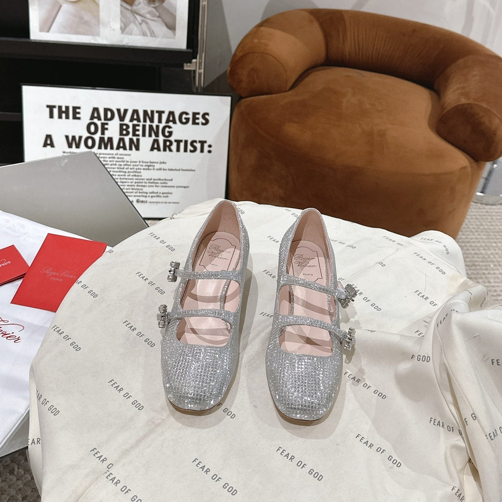 MINI TRES VIVIER STRASS BUCKLE BABIES BALLERINAS IN SILVER CALFSKIN FULLY EMBELLISHED CRYSTALS