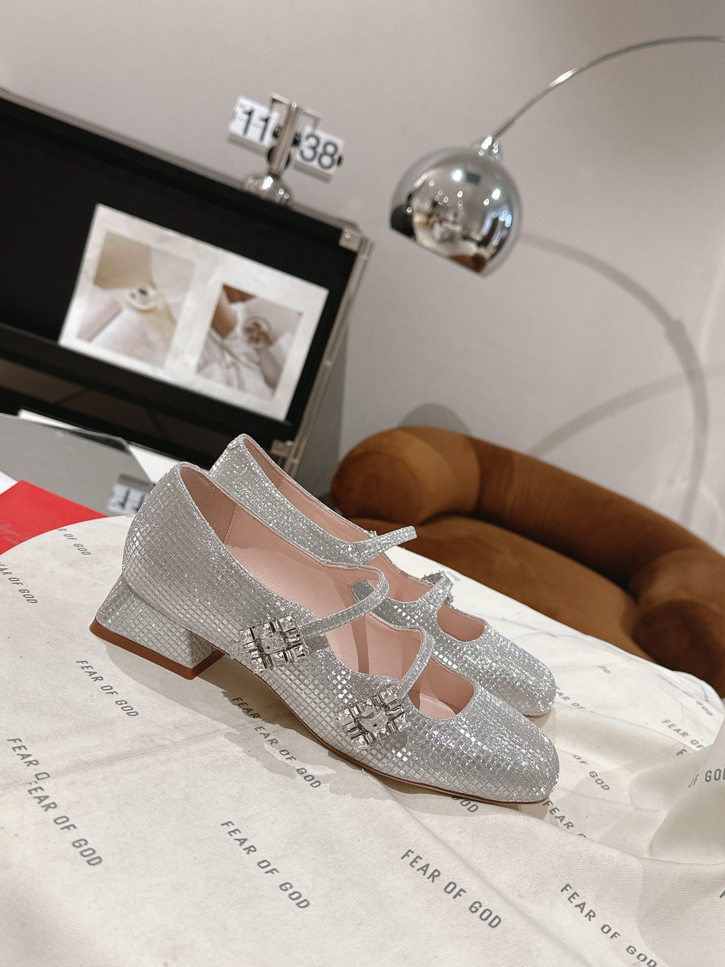 MINI TRES VIVIER STRASS BUCKLE BABIES BALLERINAS IN SILVER CALFSKIN FULLY EMBELLISHED CRYSTALS