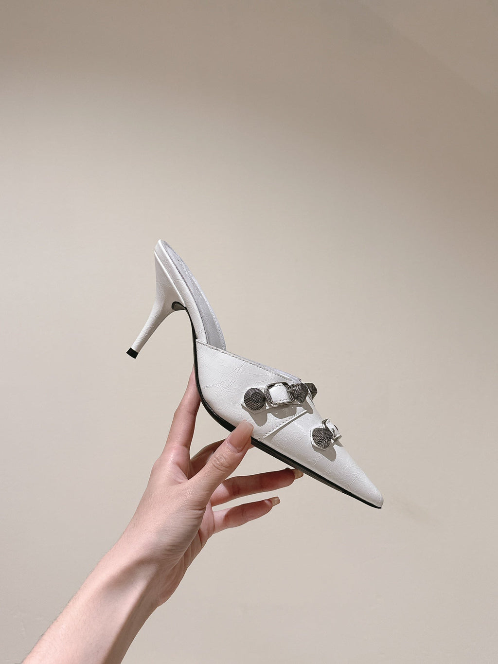 CAGOLE POINTED HIGH MULES IN WHITE SHINY CALFSKIN