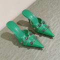 CAGOLE POINTED HIGH MULES IN GREEN SHINY CALFSKIN
