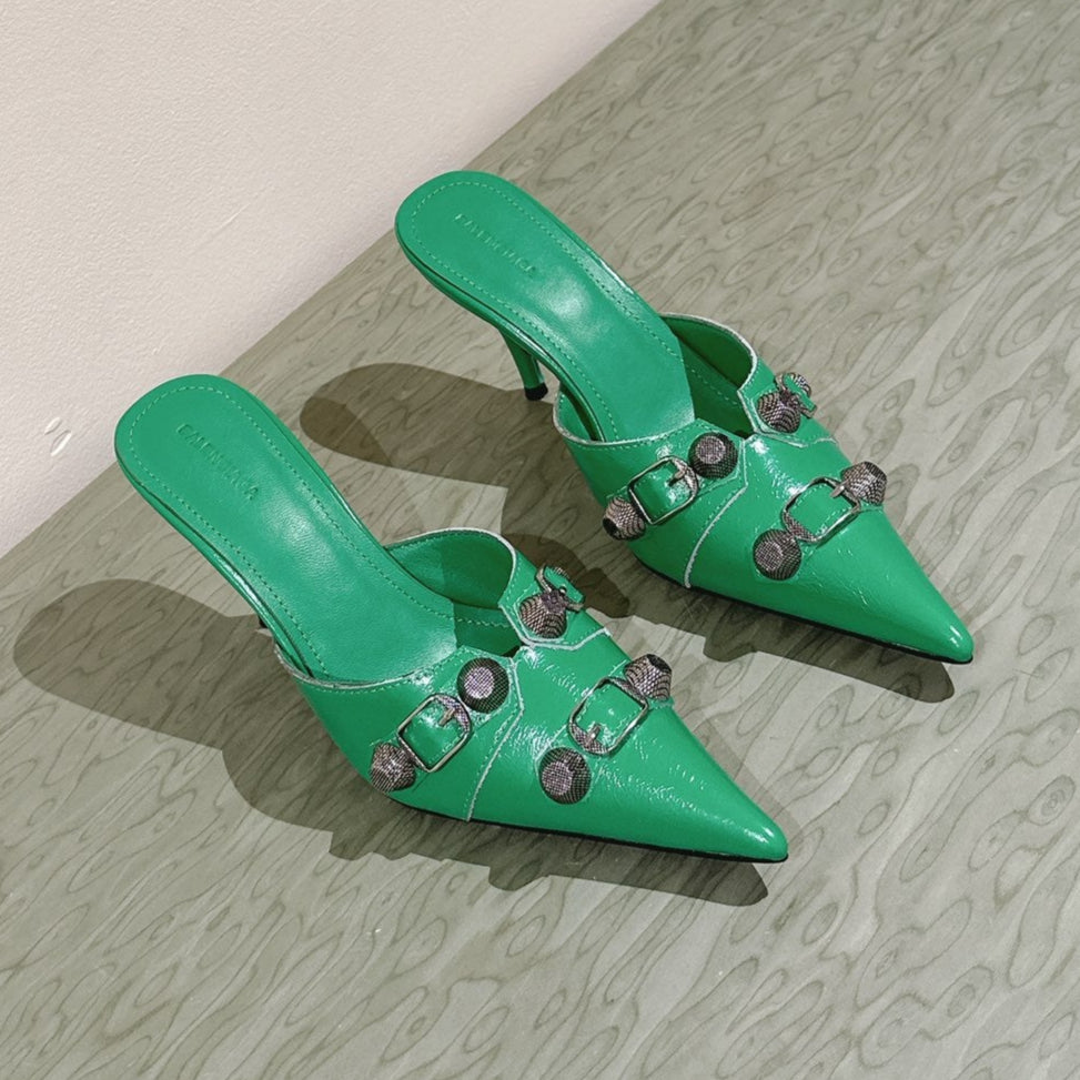 CAGOLE POINTED HIGH MULES IN GREEN SHINY CALFSKIN