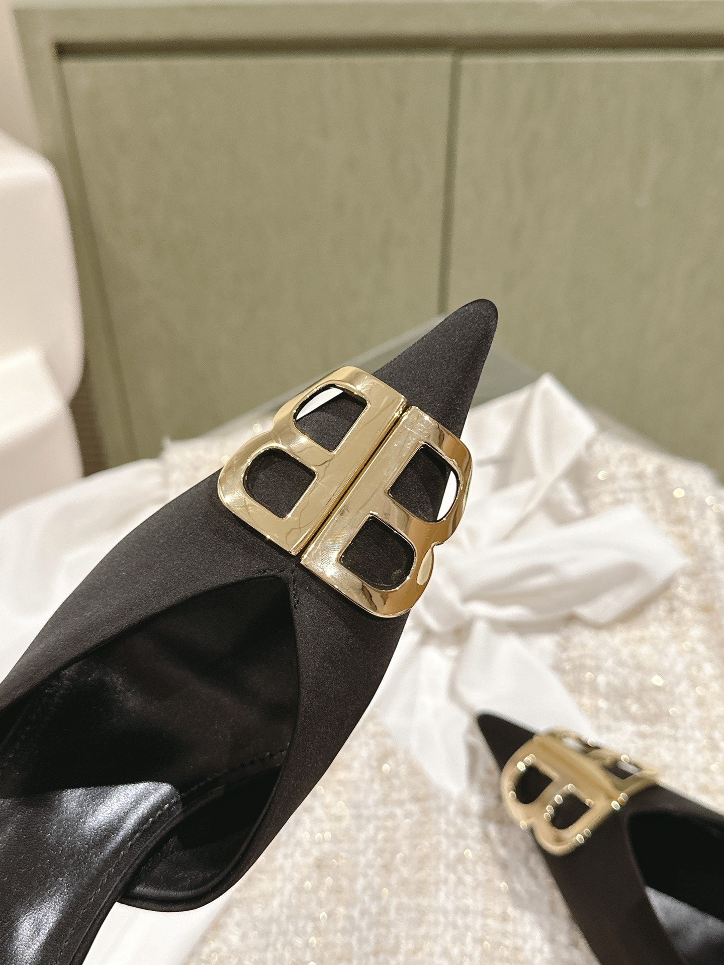 POINTED BB GOLD BUCKLE HIGH MULES IN BLACK SILK