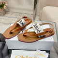 CHLOÉ THONG SANDALS IN CINNAMON BROWN CALFSKIN AND WHITE CANVAS