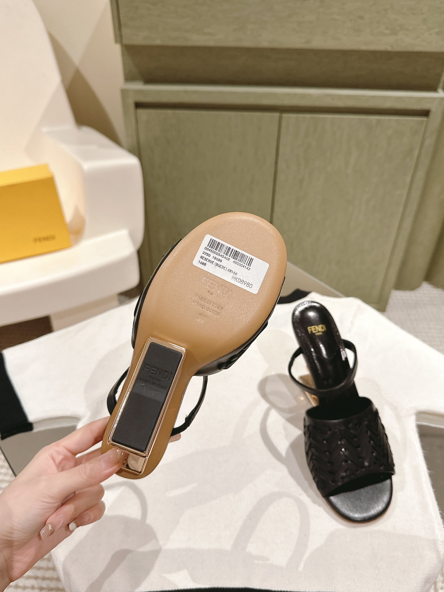 FENDI FIRST HIGH-HEELED SANDALS 85 MM IN BLACK LAMBSKIN GOLD HARDWARE