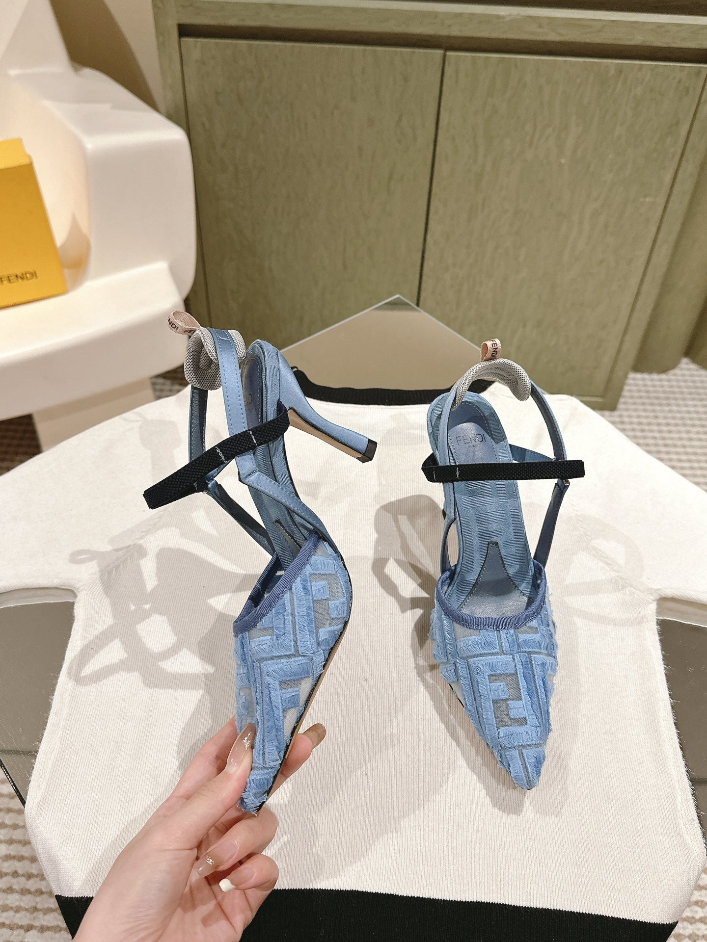 FENDI COLIBRÌ HIGH-HEELED SLINGBACKS 75MM IN SKY BLUE FABRIC