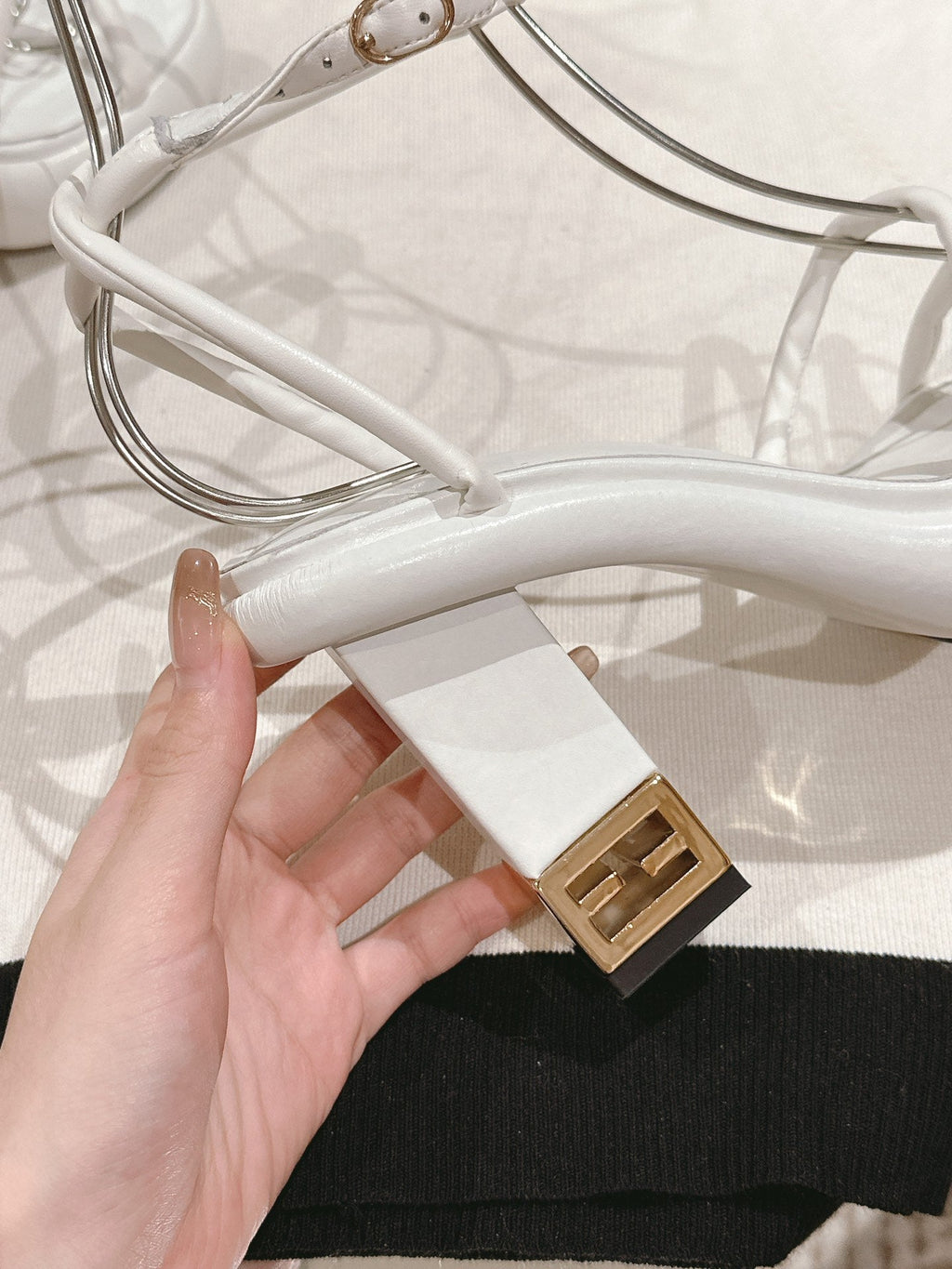 FENDI BAGUETTE HIGH HEELS 85MM IN WHITE LAMBSKIN WITH GOLD HARDWARE