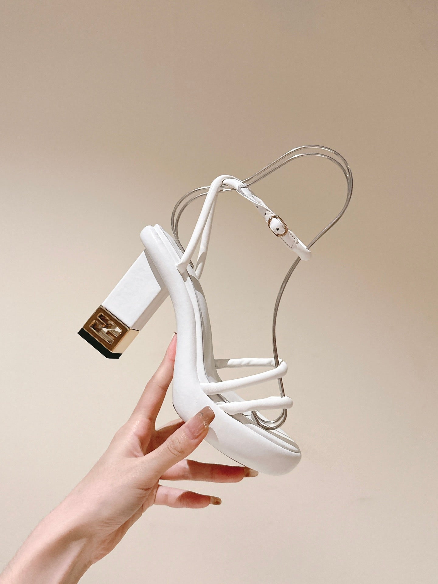 FENDI BAGUETTE HIGH HEELS 85MM IN WHITE LAMBSKIN WITH GOLD HARDWARE