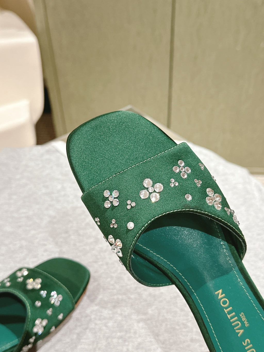 LV WOMEN FLAT MULE IN GREEN FOREST SATIN WITH RHINESTONE