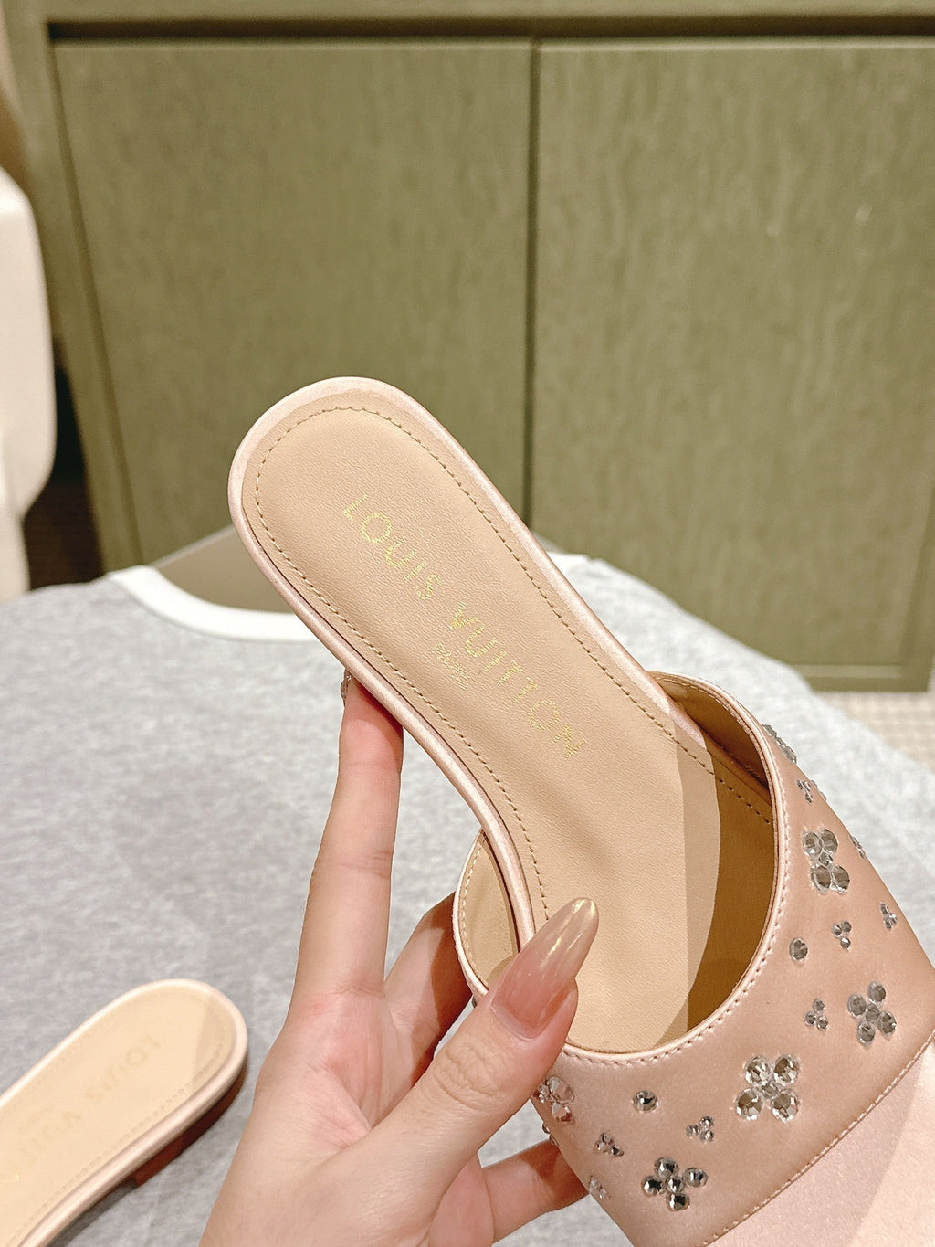 LV WOMEN FLAT MULE IN ALMOND BEIGE SATIN WITH RHINESTONE