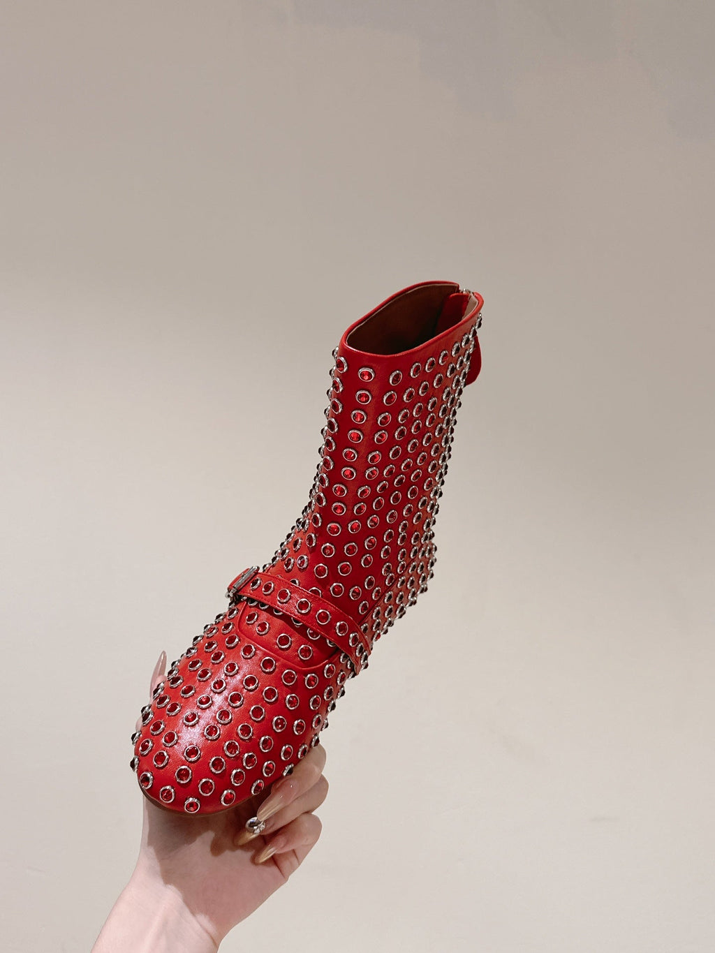 ALAIA SHORT BOOTS IN CHERRY RED LAMBSKIN ATTACH RHINSTONES