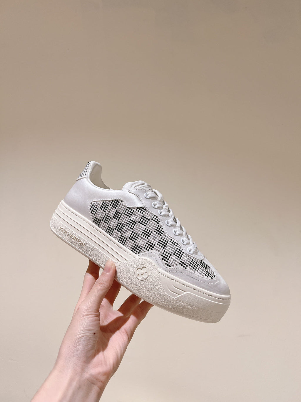 LV GROOVY SNEAKER IN WHITE MIX BLACK DAMIER STRASS AND CALFSKIN