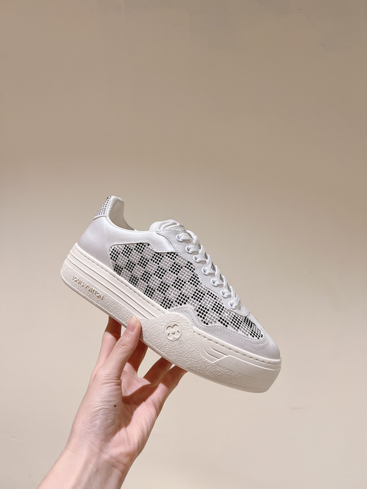 LV GROOVY SNEAKER IN WHITE MIX BLACK DAMIER STRASS AND CALFSKIN