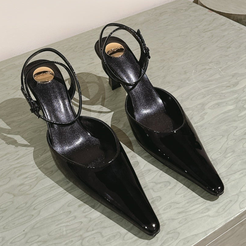 AIMÉE HIGH 8 CM SLINGBACK PUMPS IN BLACK PATENT CALFSKIN