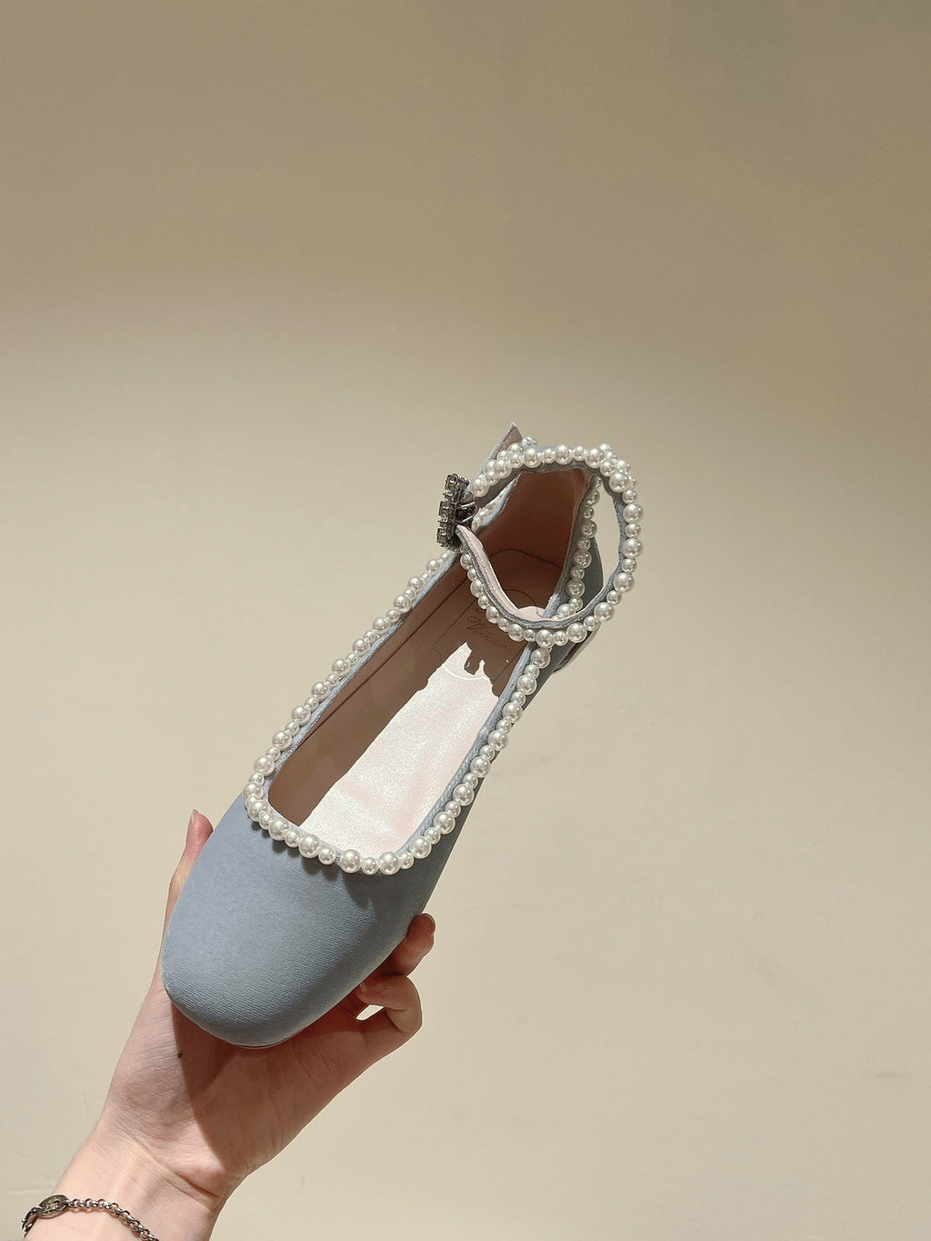BALLERINAS MARY JANE IN GRAY SUEDE WITH PEARL TRIM