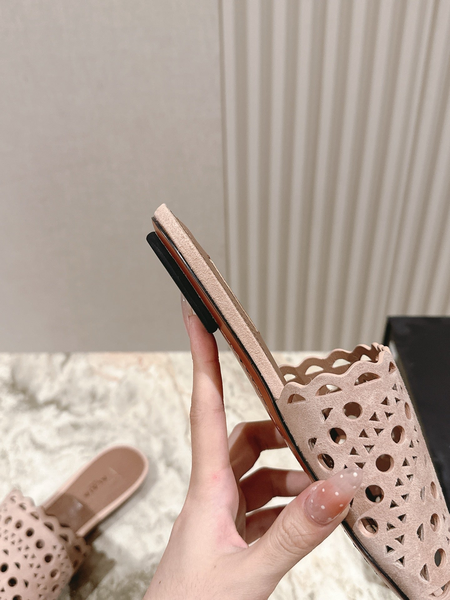 ALAIA PERFORATED SLIDE SANDALS 25S IN PINK BEIGE SUEDE