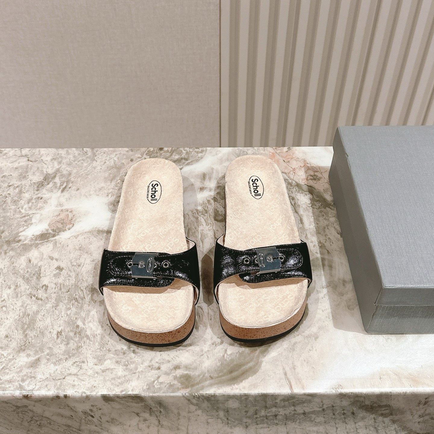 BALENCIAGA 25S SCHOLL SLIDES IN BLACK PU LEATHER WITH SILVER HARDWARE