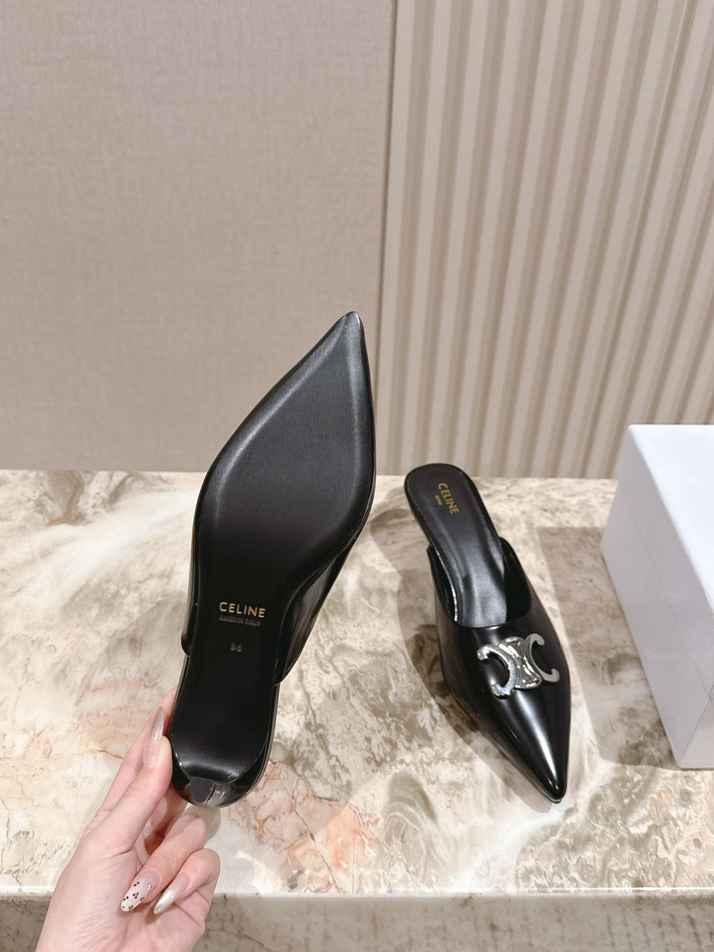 CELINE 25S ALMA TRIOMPHE MULE 45MM IN BLACK CALFSKIN SILVER HARDWARE