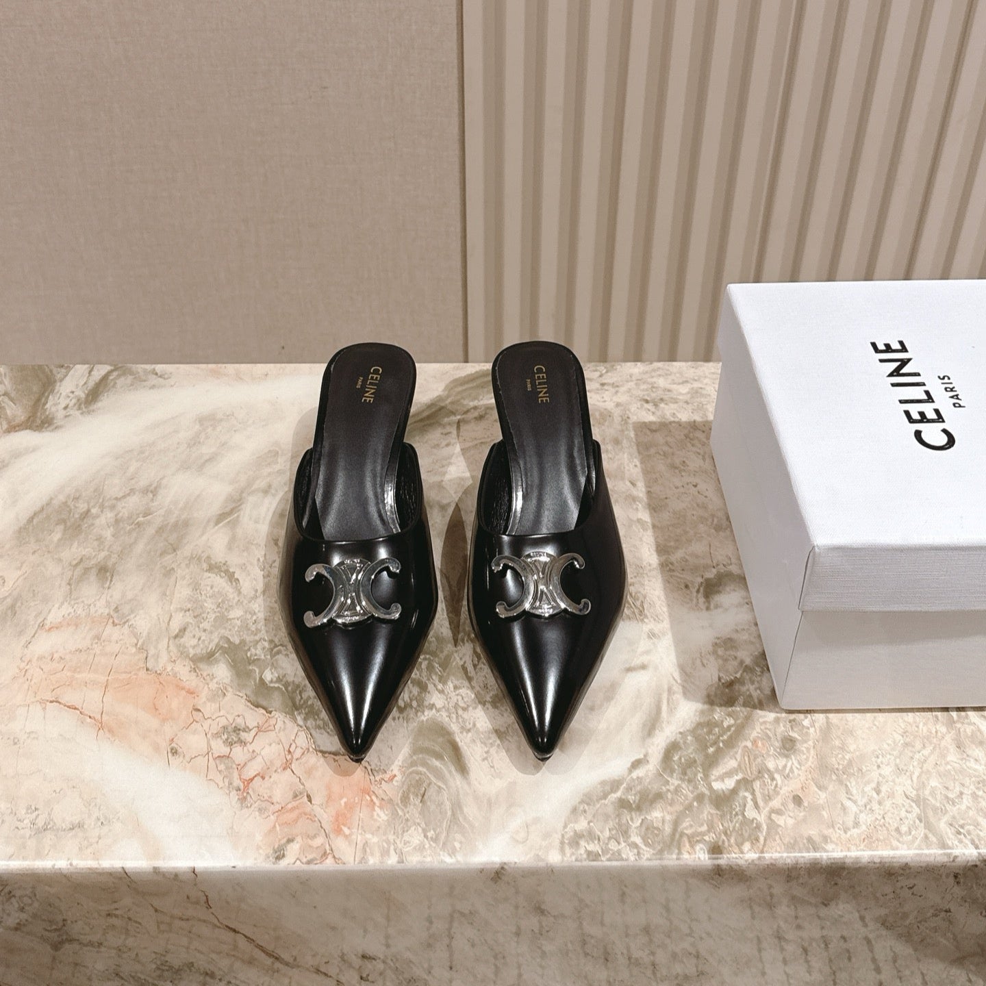 CELINE 25S ALMA TRIOMPHE MULE 45MM IN BLACK CALFSKIN SILVER HARDWARE