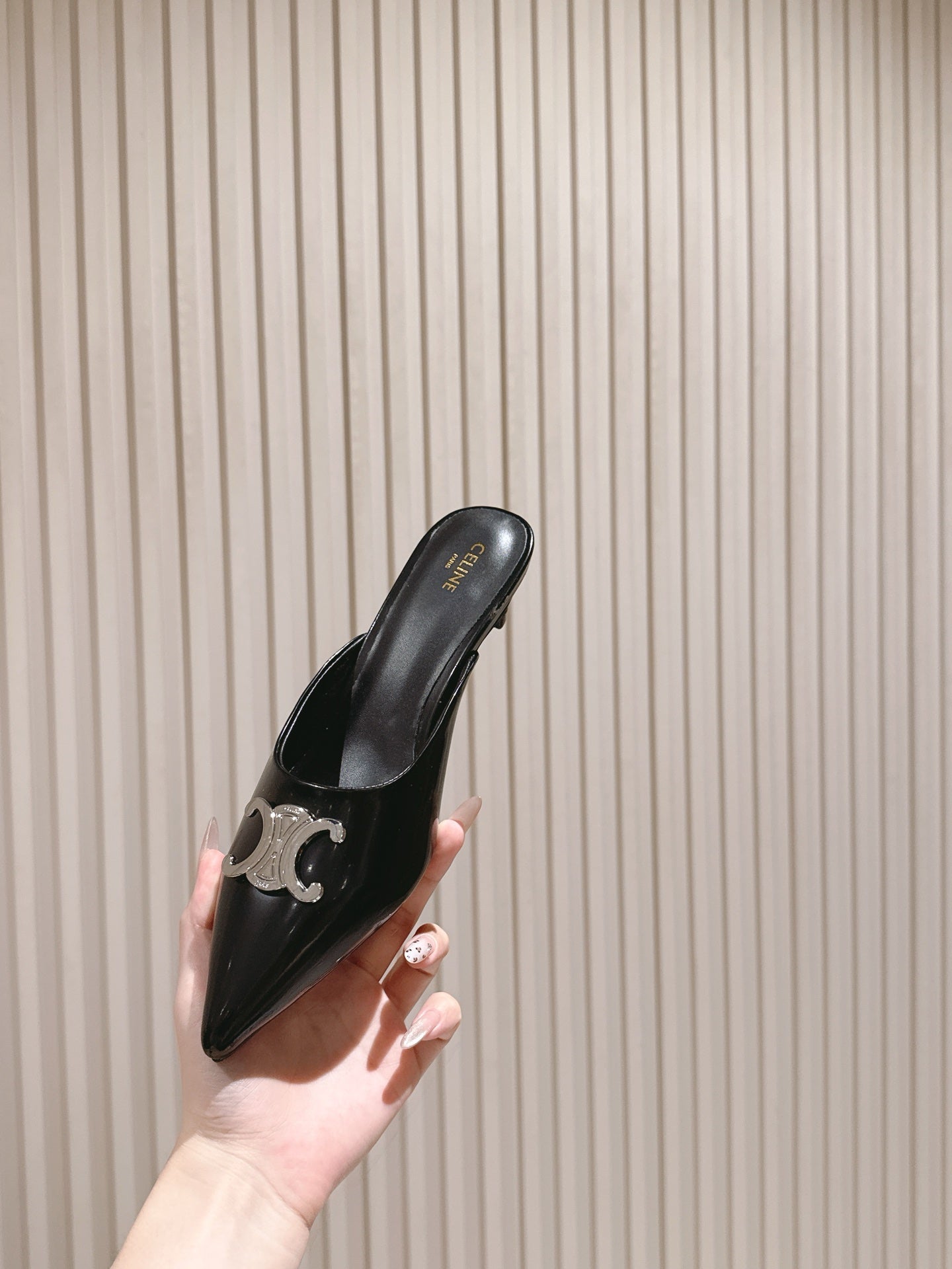 CELINE 25S ALMA TRIOMPHE MULE 45MM IN BLACK CALFSKIN SILVER HARDWARE