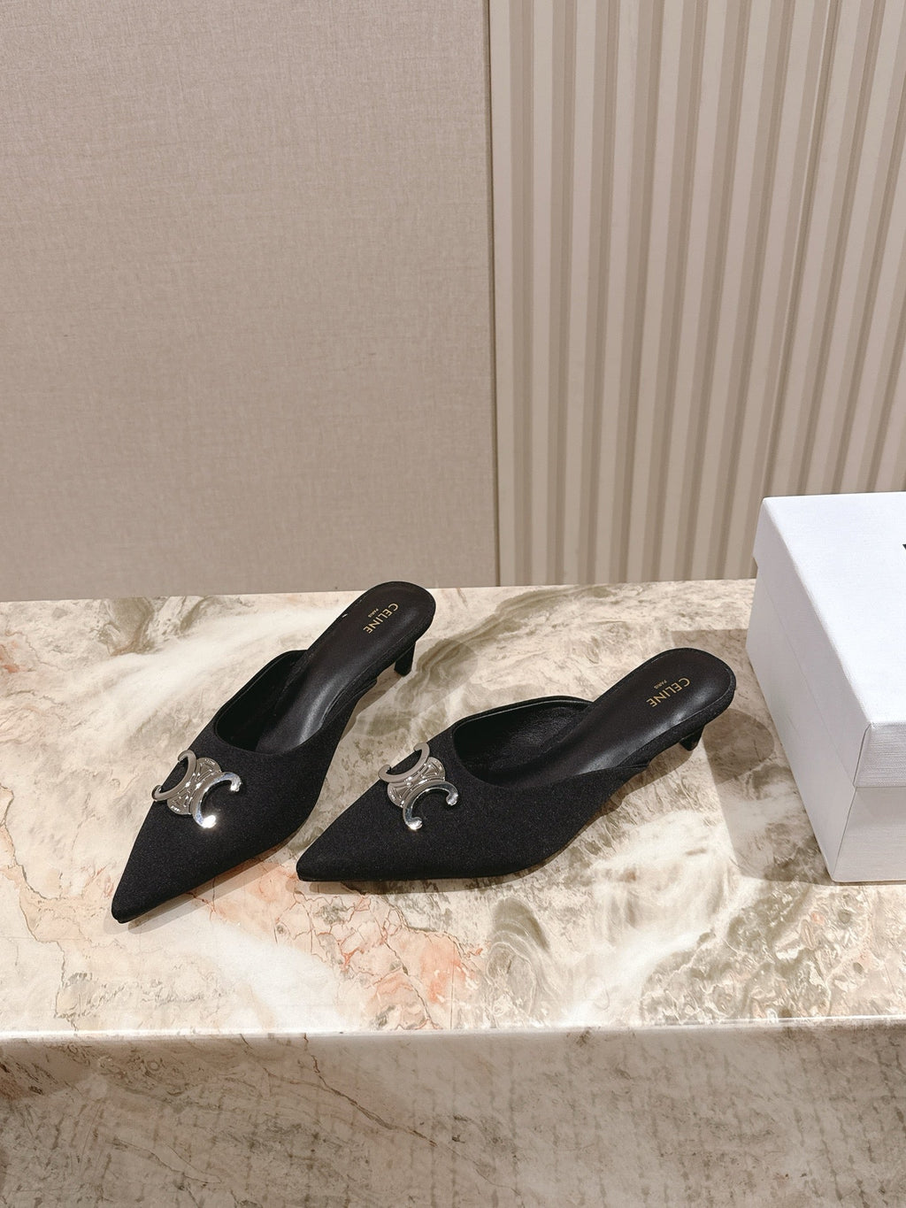 CELINE 25S ALMA TRIOMPHE MULE 45MM IN BLACK DENIM SILVER HARDWARE