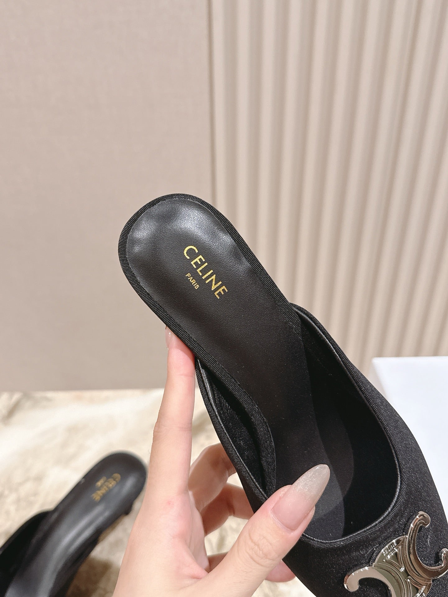 CELINE 25S ALMA TRIOMPHE MULE 45MM IN BLACK DENIM SILVER HARDWARE