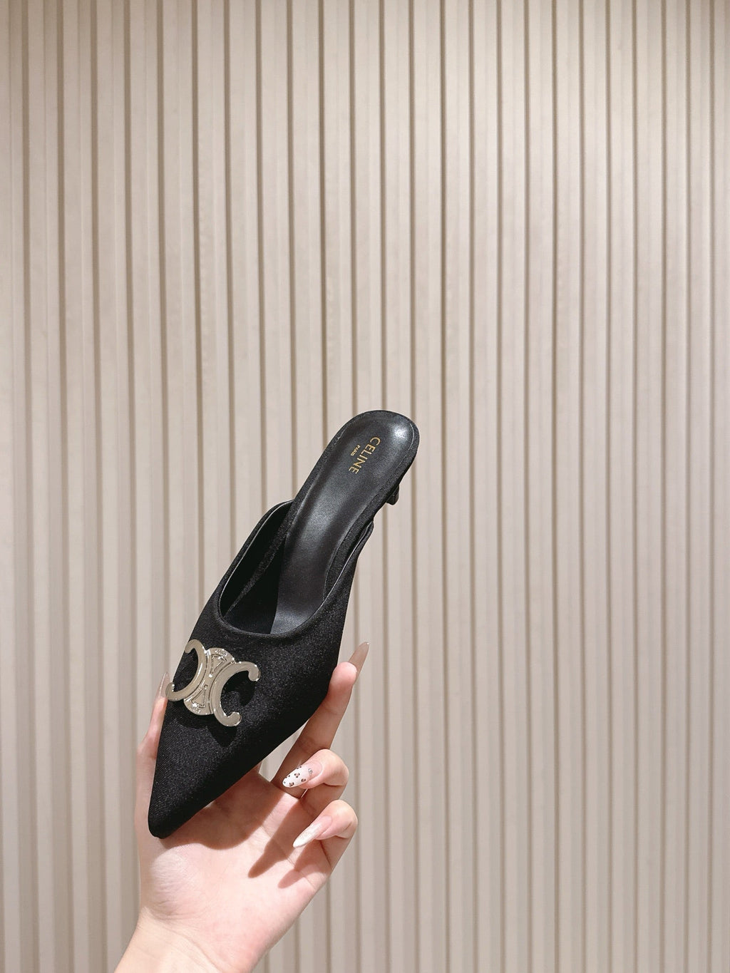 CELINE 25S ALMA TRIOMPHE MULE 45MM IN BLACK DENIM SILVER HARDWARE