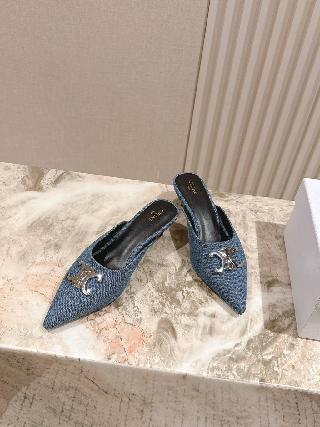 CELINE 25S ALMA TRIOMPHE MULE 45MM IN DENIM SILVER HARDWARE