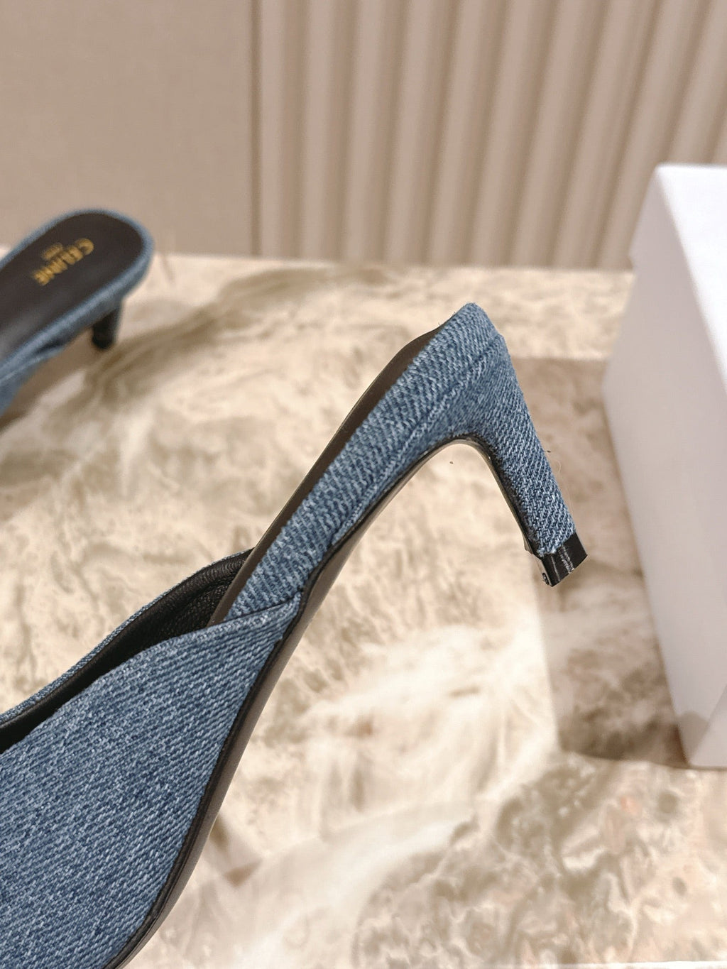 CELINE 25S ALMA TRIOMPHE MULE 45MM IN DENIM SILVER HARDWARE