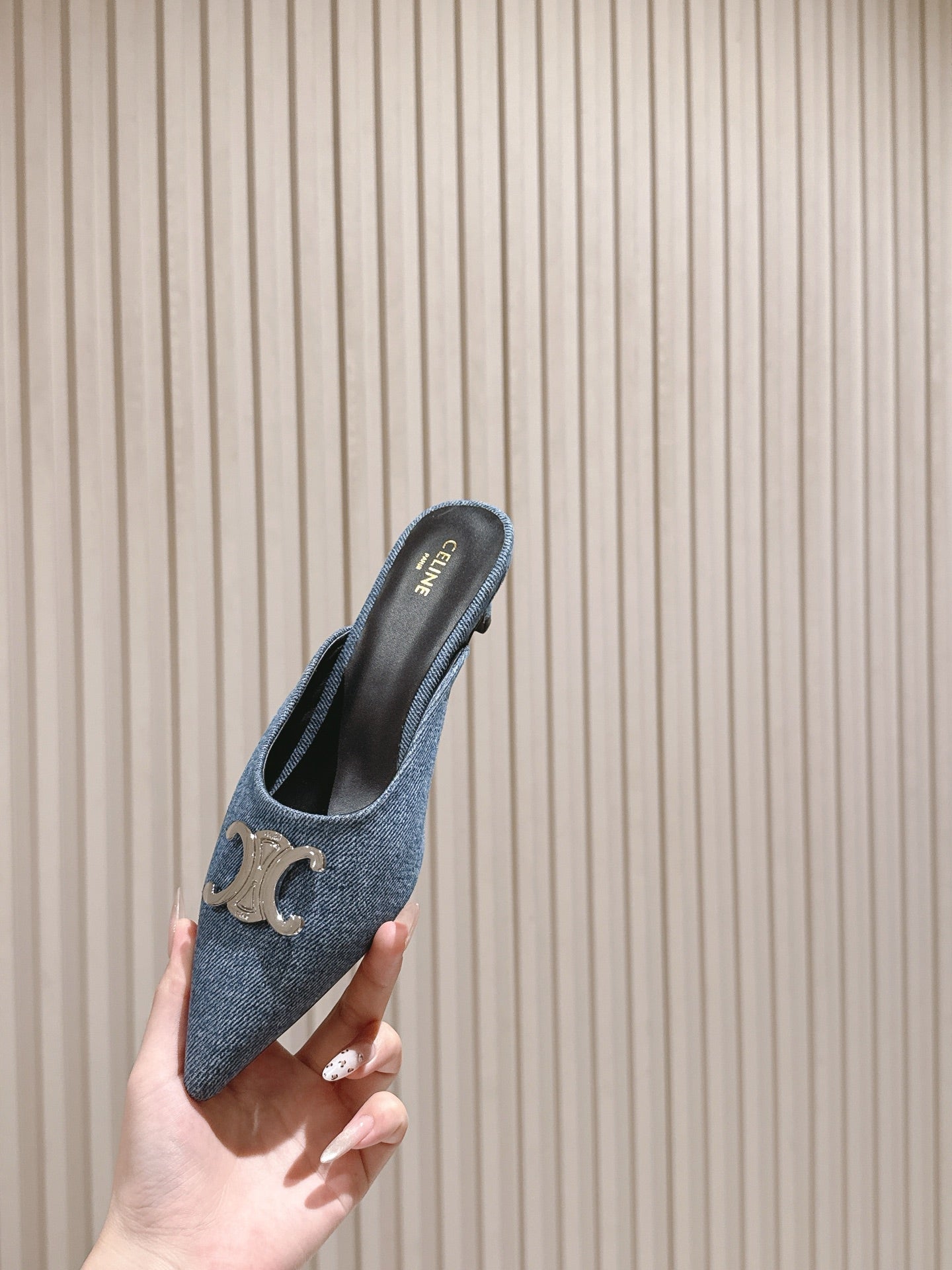 CELINE 25S ALMA TRIOMPHE MULE 45MM IN DENIM SILVER HARDWARE