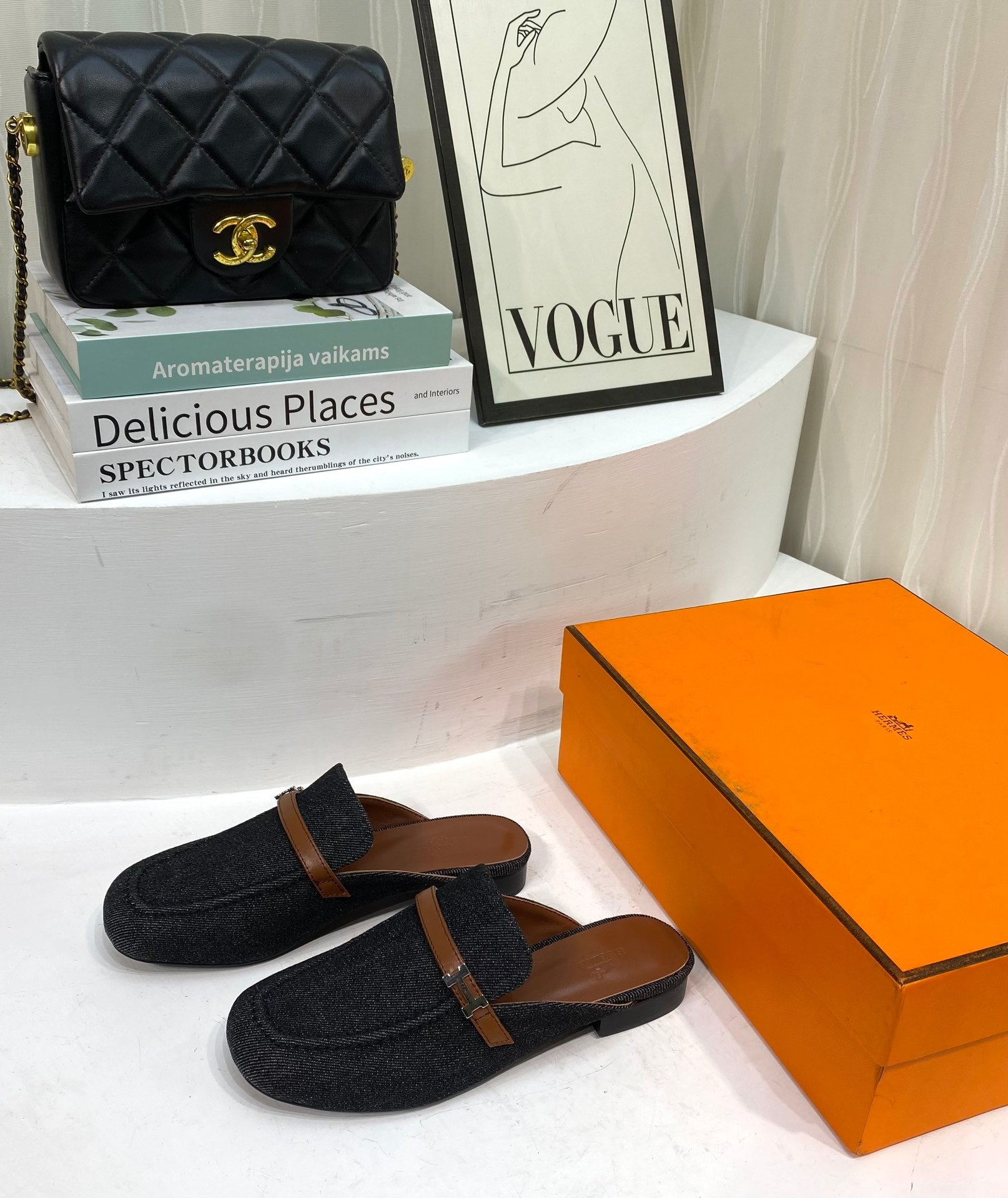 IENA MULE  BLACK CANVAS AND BROWN CALFSKIN