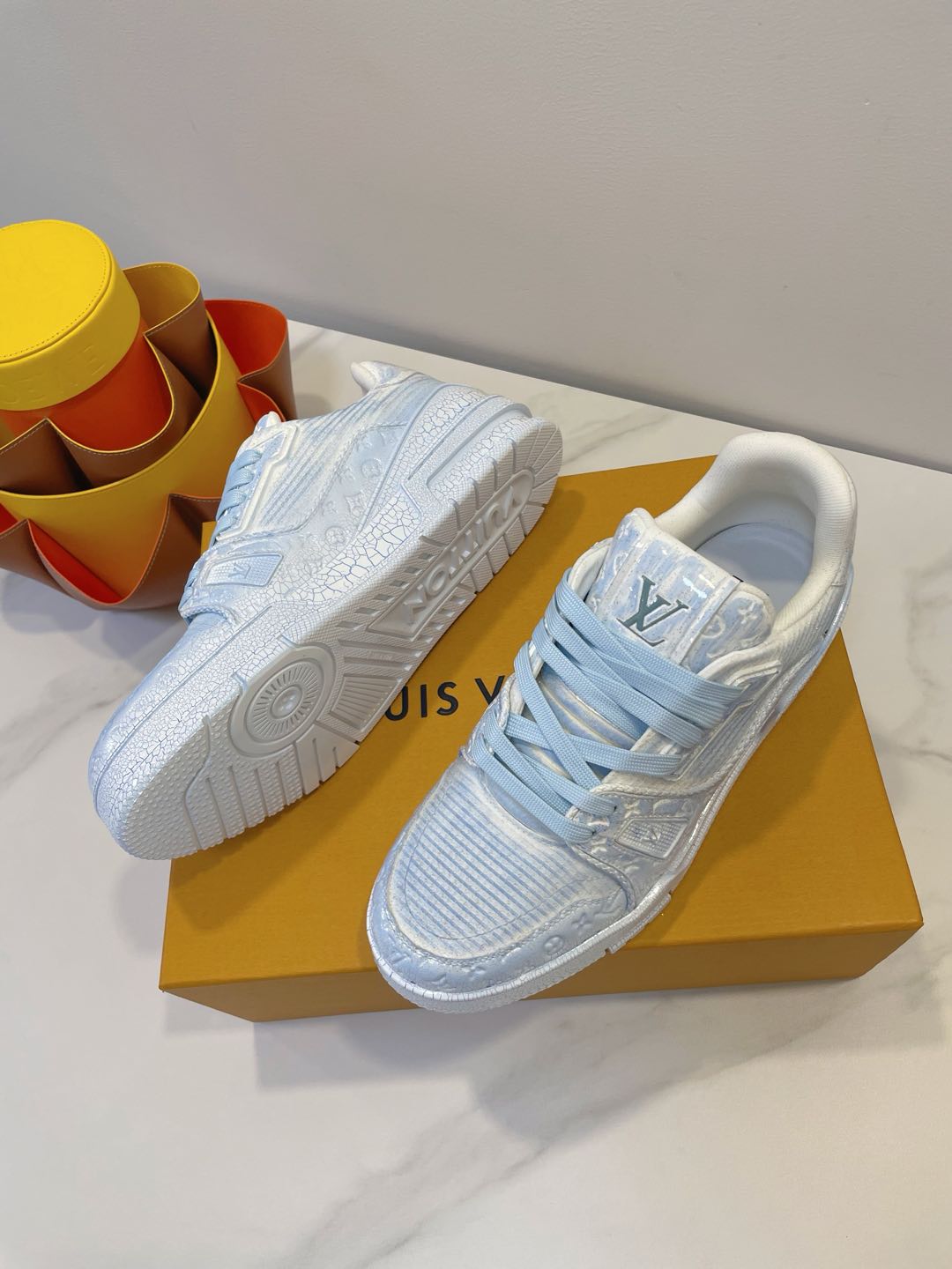 LV TRAINER MAXI SNEAKER IN WHITE MIX LIGHT BLUE EMBOSSED CALFSKIN