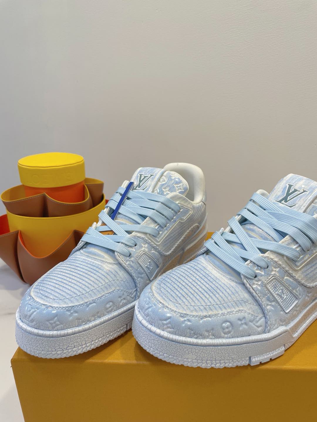 LV TRAINER MAXI SNEAKER IN WHITE MIX LIGHT BLUE EMBOSSED CALFSKIN