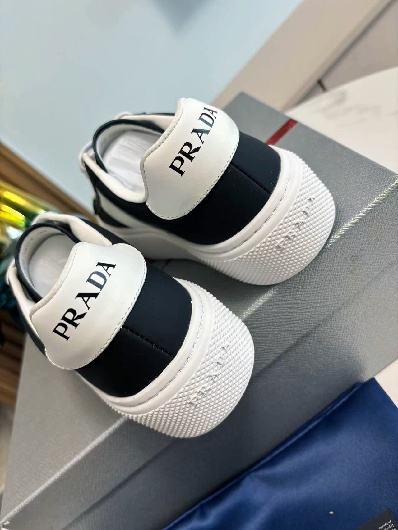 PRADA 25S LEATHER LOGO OUTLET SNEAKERS BLUISH BLACK CALFSKIN