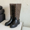 TERRITORY FLAT HIGH BOOT IN BLACK MIX CHOCOLATE BROWN MONOGRAM CALFSKIN