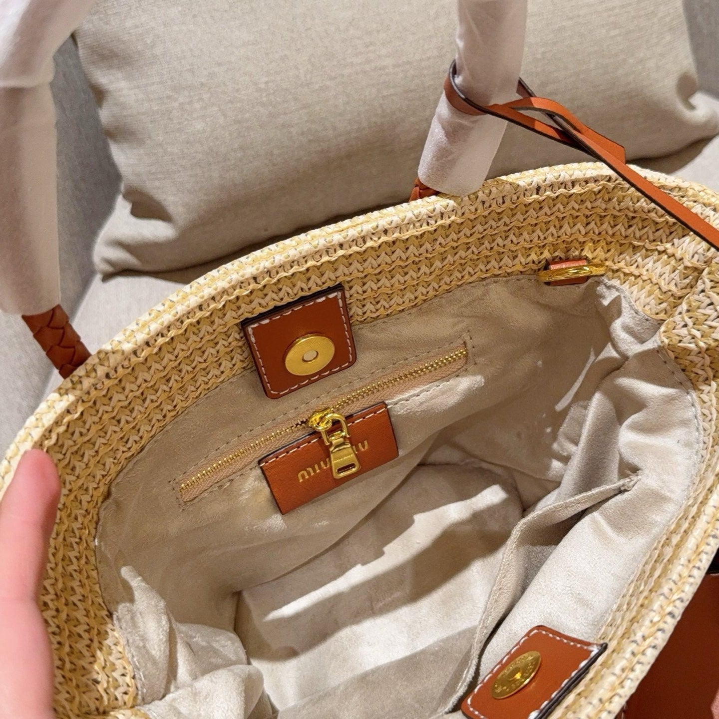 PALMETTO TOTE BAG 18 IN BEIGE WOVEN RAFFIA BROWN CALFSKIN TRIM