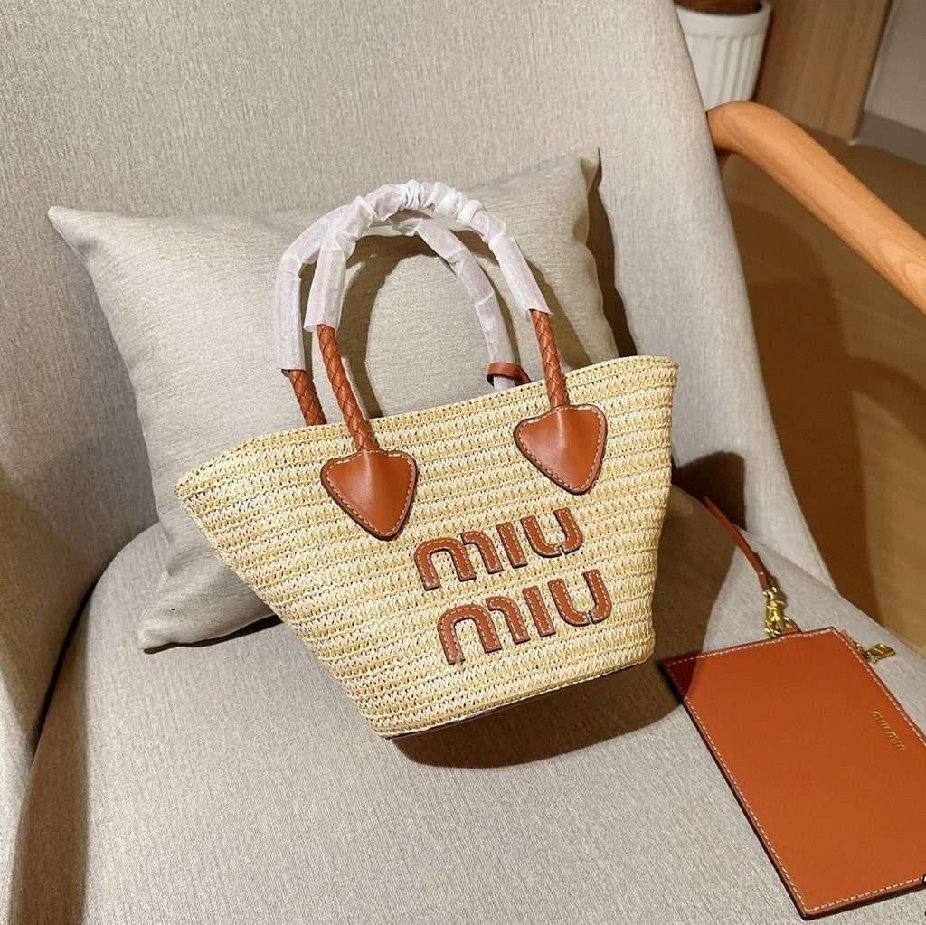 PALMETTO TOTE BAG 18 IN BEIGE WOVEN RAFFIA BROWN CALFSKIN TRIM