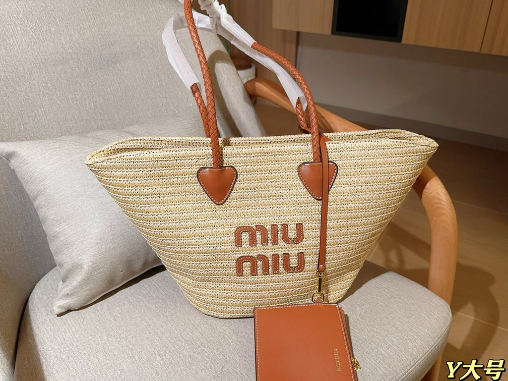 PALMETTO TOTE BAG 25 IN BEIGE WOVEN RAFFIA BROWN CALFSKIN TRIM