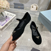 PRADA 25S MARY JANE BALLETS IN BLACK SUEDE